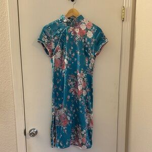 Floral Teal Qi Pao Dress